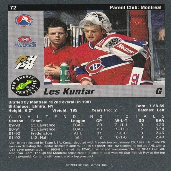 Les Kuntar (Canadiens) 1993 Classic Games Inc. Series Hockey Card - Number 72 - Picture 2 of 2